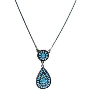 Southwest Turquoise Double Pendant Necklace Gold Tone Statement Fashion Jewelry